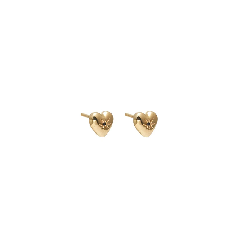 Petite Puffed Heart Stud Earrings Black Diamond + Gold