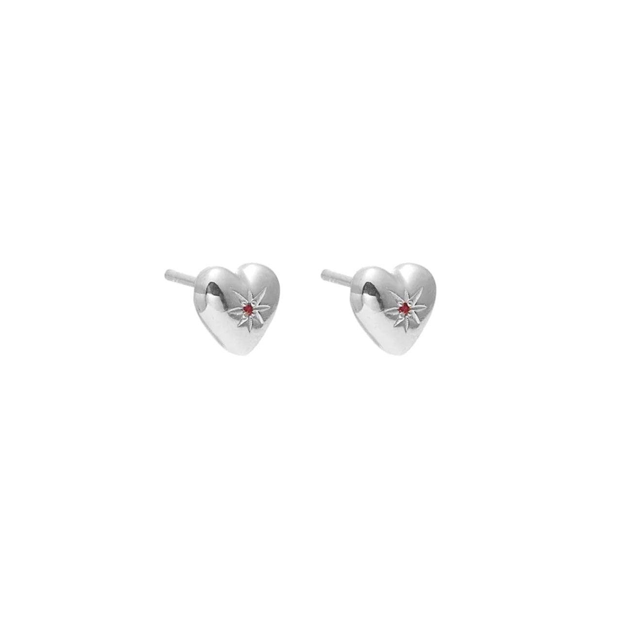 Petite Puffed Heart Studs Ruby + Silver