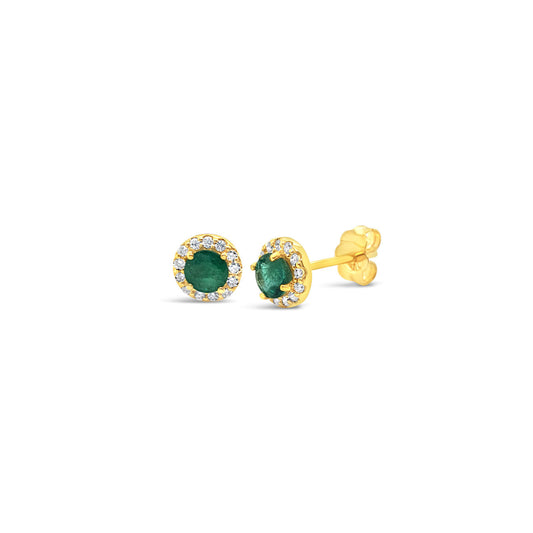 9k Yellow Gold Emerald & Diamond Halo Stud Earrings