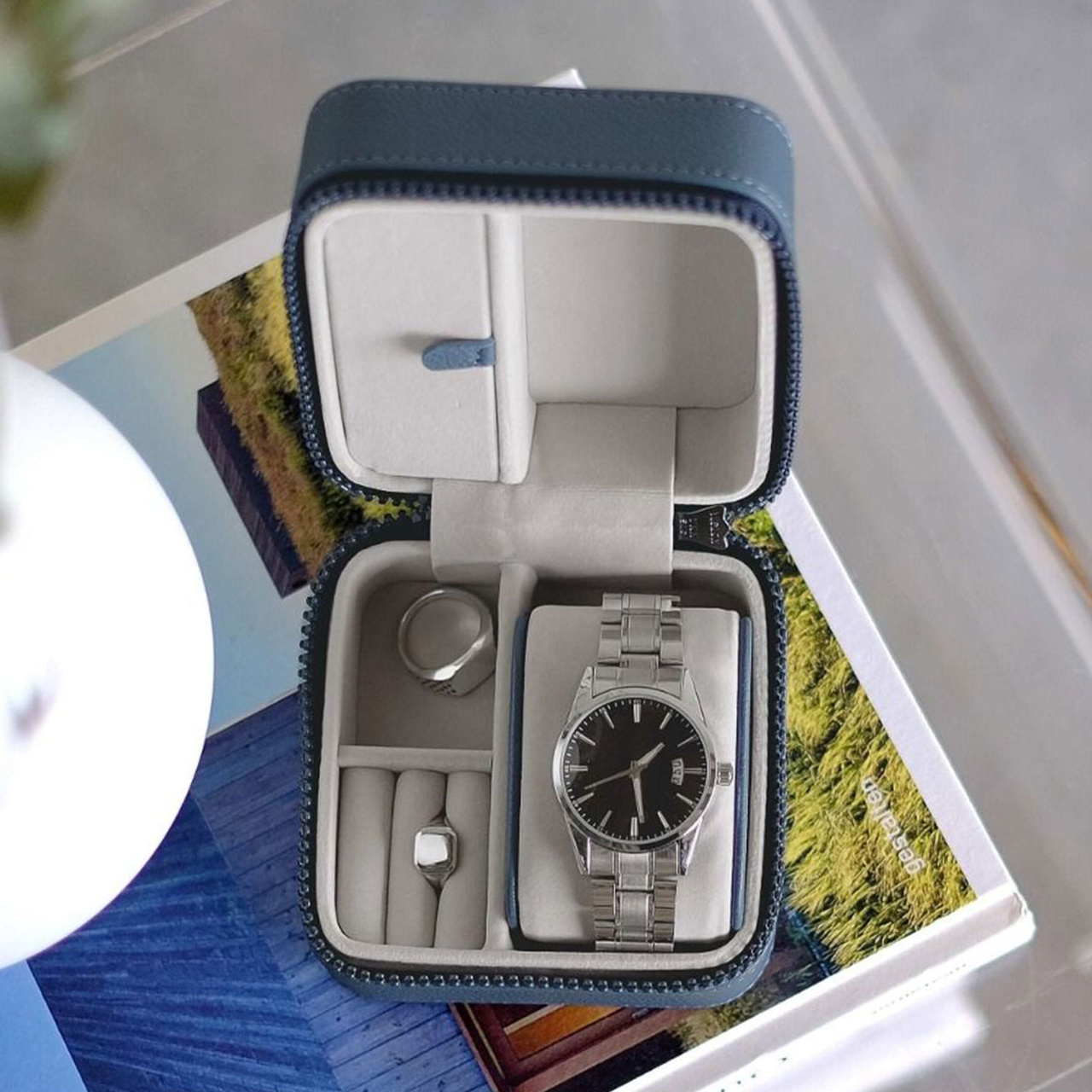 Blue Canvas Watch & Jewellery Box