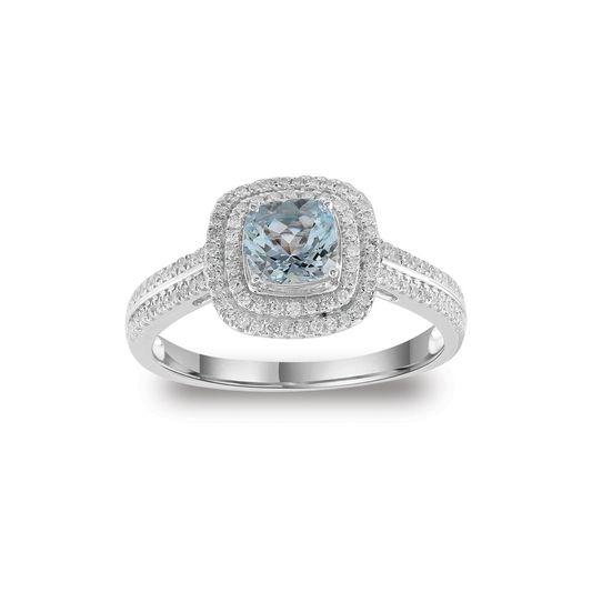 9k White Gold Aquamarine & Diamond Double Halo Cluster Ring