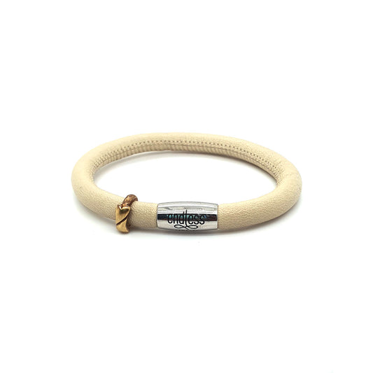 Cream Leather 19cm Wrap with Double Heart Charm Bracelet