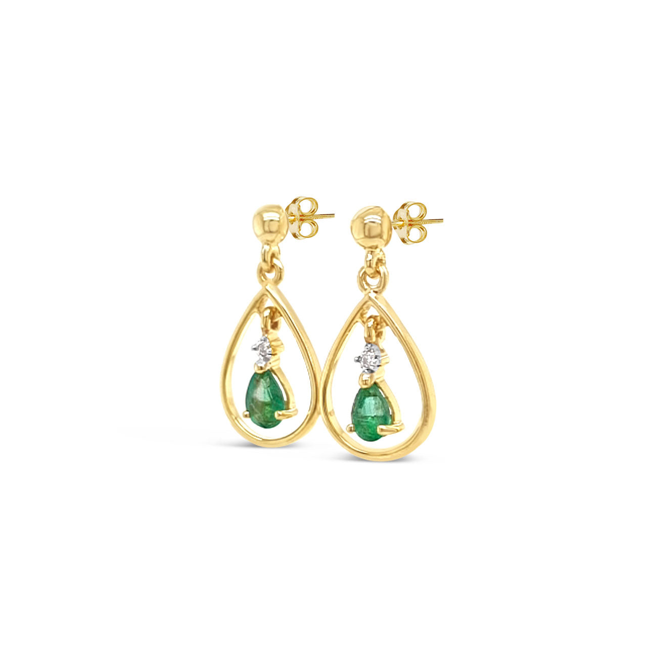 9k Yellow Gold Pear Emerald & Diamond Drop Earrings