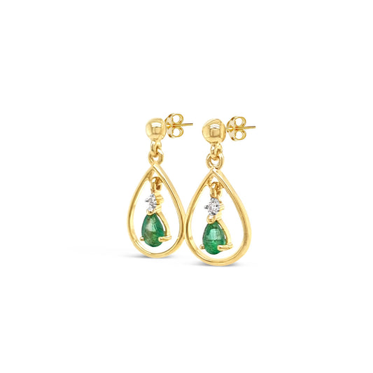 9k Yellow Gold Pear Emerald & Diamond Drop Earrings
