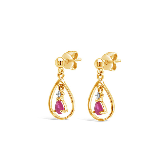 9k Yellow Gold Floating Pear Ruby & Diamond Drop Earrings